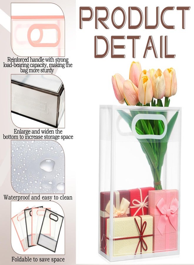 Dunzoom 50 Pcs Valentine Clear Plastic Gift Bag with Handle Reusable Transparent Pink Party Favor Flower Bag for Wedding Bridal Birthday Mother Day Gift 10.2 x 7.1 x 3.2''(Black Pink White Trim) - Image 3